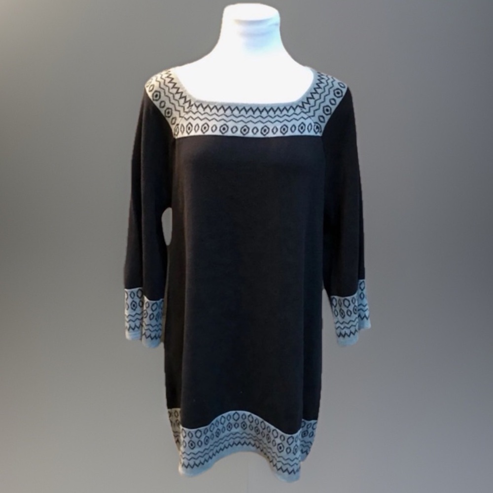 Vintage L Bohemian BoHo Urban CHIC Overlay Thin Black Gray Native Sweater Dress